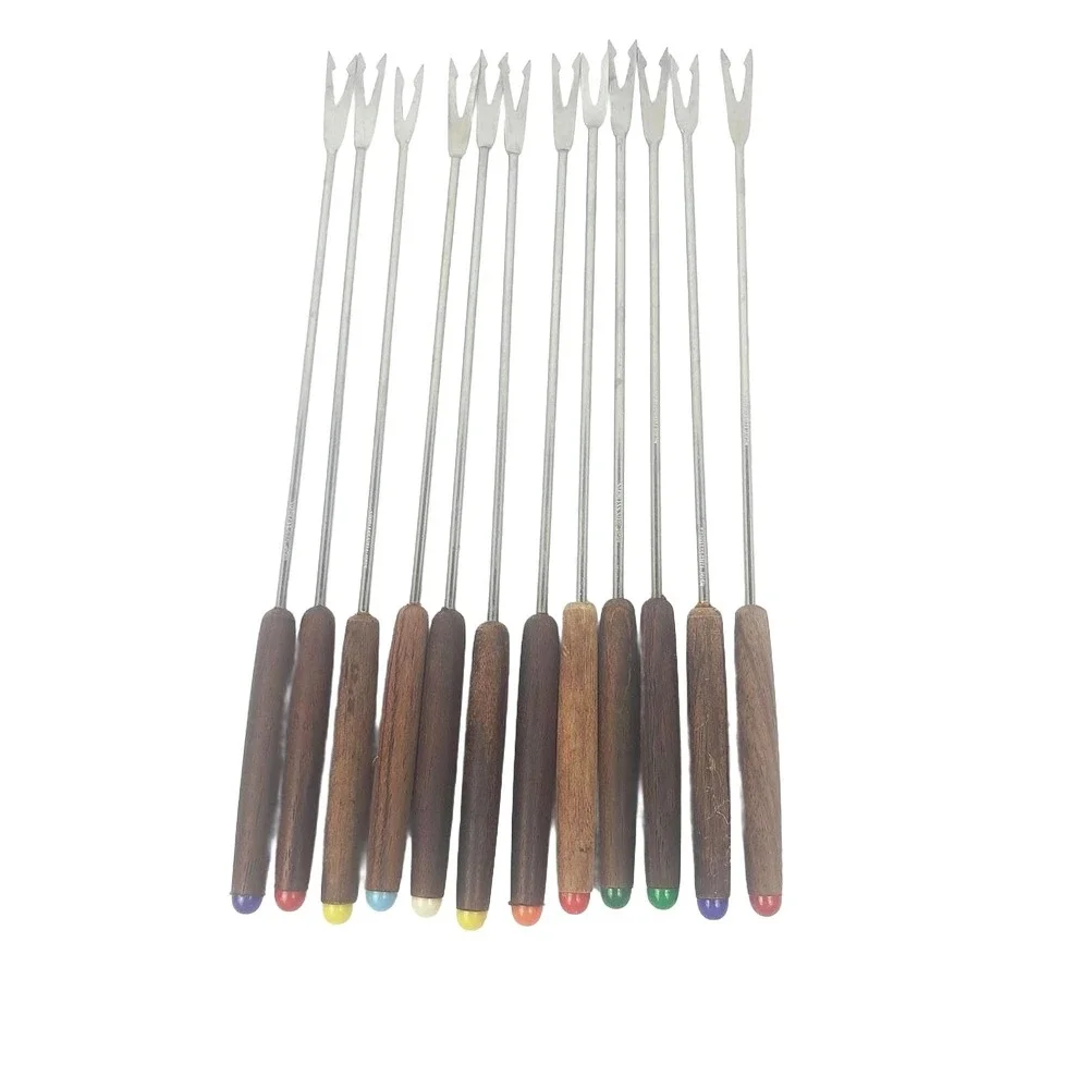 Vintage Mid Century Modern Wood Handle Fondue Forks Set of 12 Stainless Steel